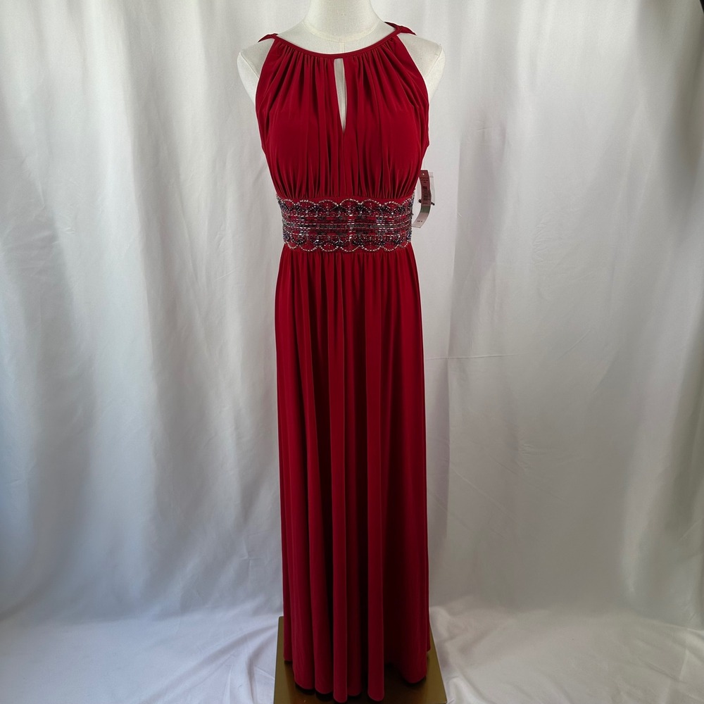 NWT RM Richards Gown Womens 8 Red Beaded Empire Waist Halter Keyhole Maxi Dress